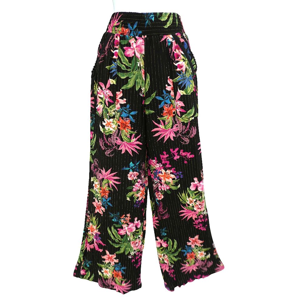 Y2K INC Tropical Floral High Rise Wide Leg Pants Metallic Gold Pinstriping Lined
